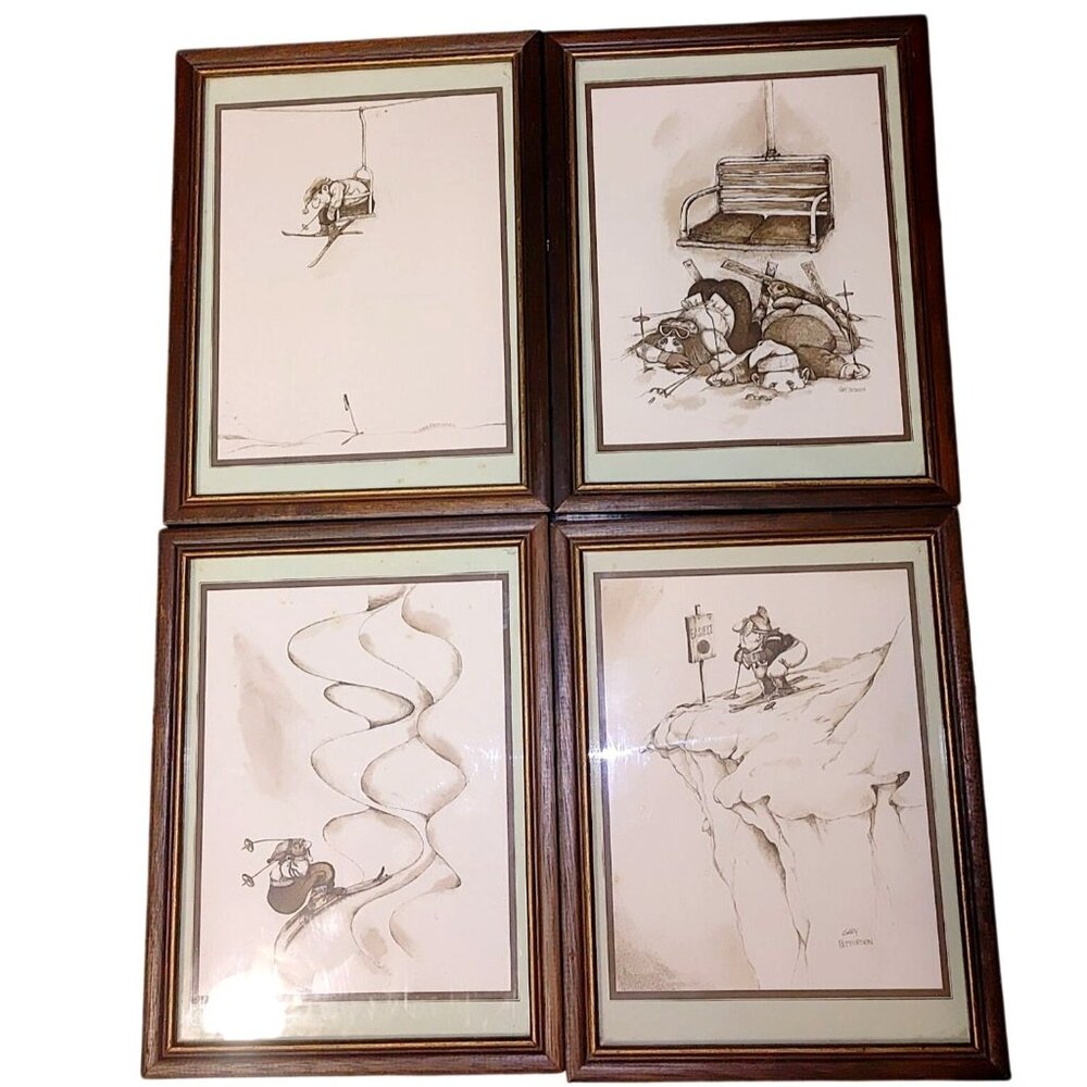 Gary Patterson Skiing Humor Art Prints Small Set Of 4 In Wooden Frames